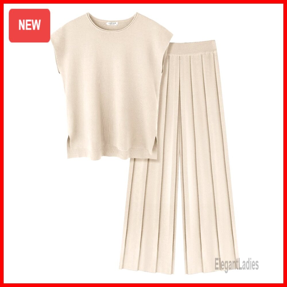 Knit Two-Piece Set With Cap Sleeve Top And Wide Leg Pants